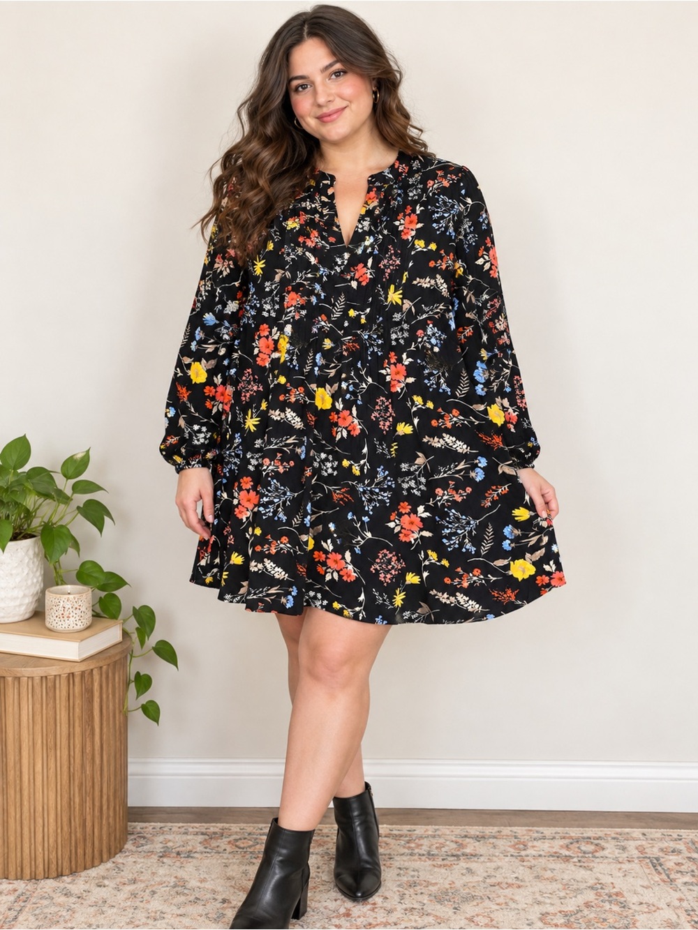 Wildflower Print Pintuck Swing Mini Dress Boho Cottagecore Black XXL